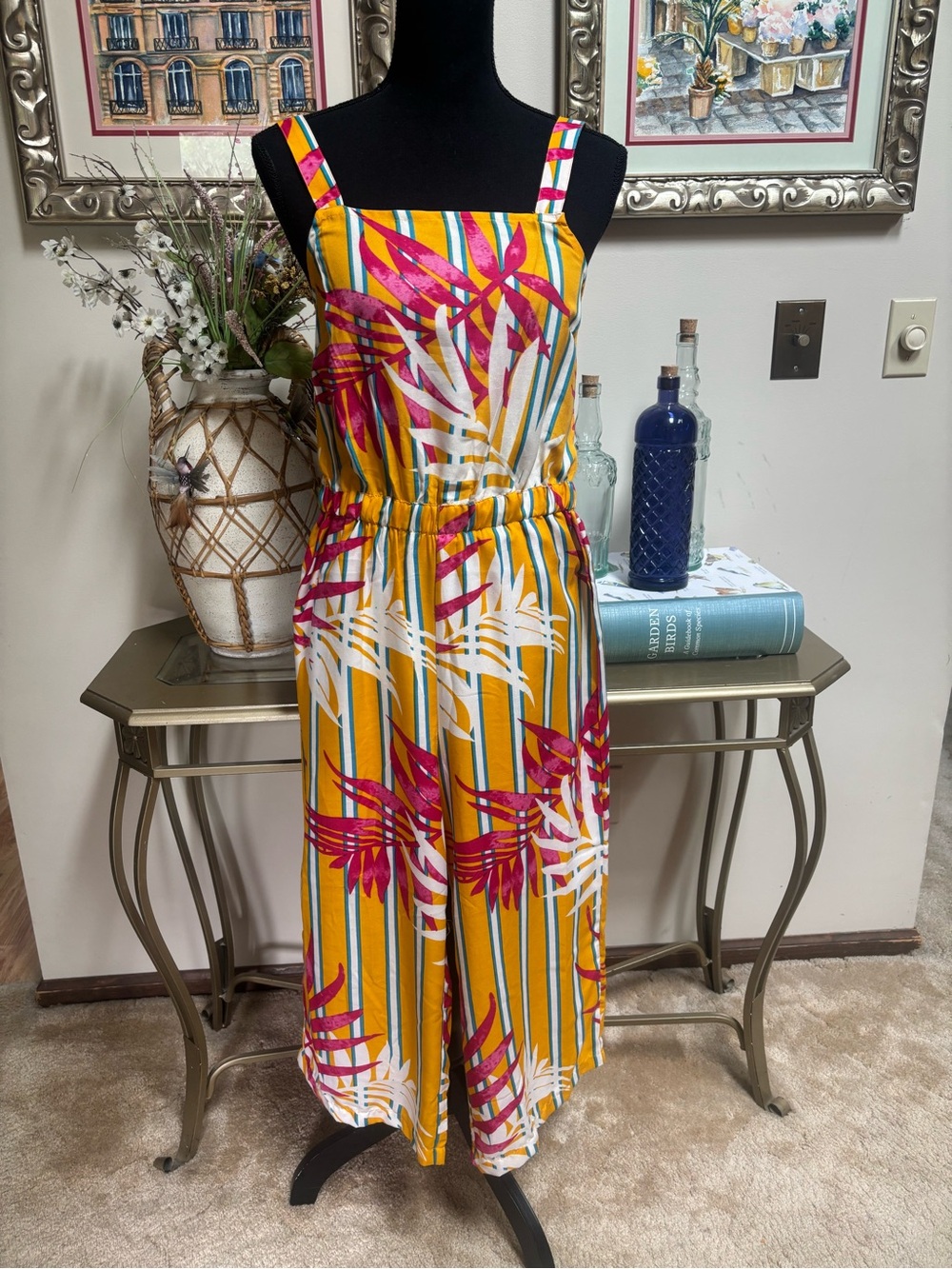 Sleeveless Yellow Striped Tropical Palm Leaf Backless Jumpsuit/ Romper Size S